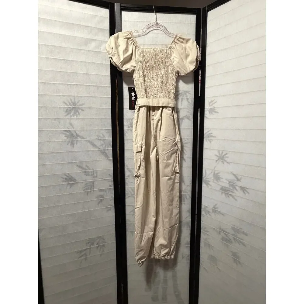 Girls 10/12 NWT Khaki Y2K Shirred Cargo‎ Jumpsuit Utility Romper Puff Sleeve Tie